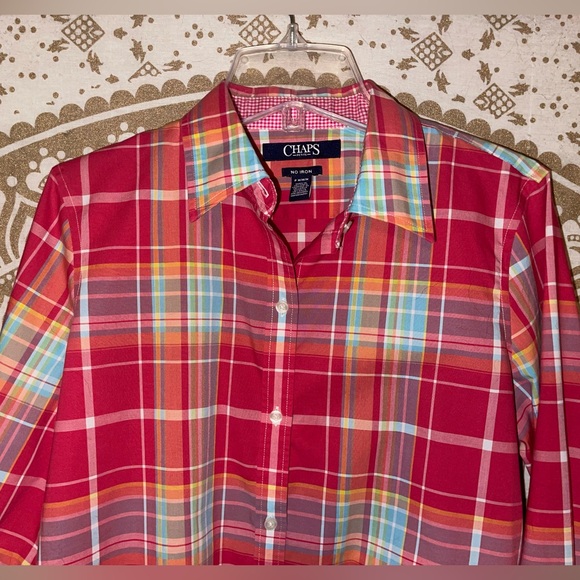 ✨HP✨ LADIES “CHAPS” RED & MULTI-COLORED BUTTON DOWN LONG SLEEVE BLOUSE, SIZE PM - Picture 4 of 5